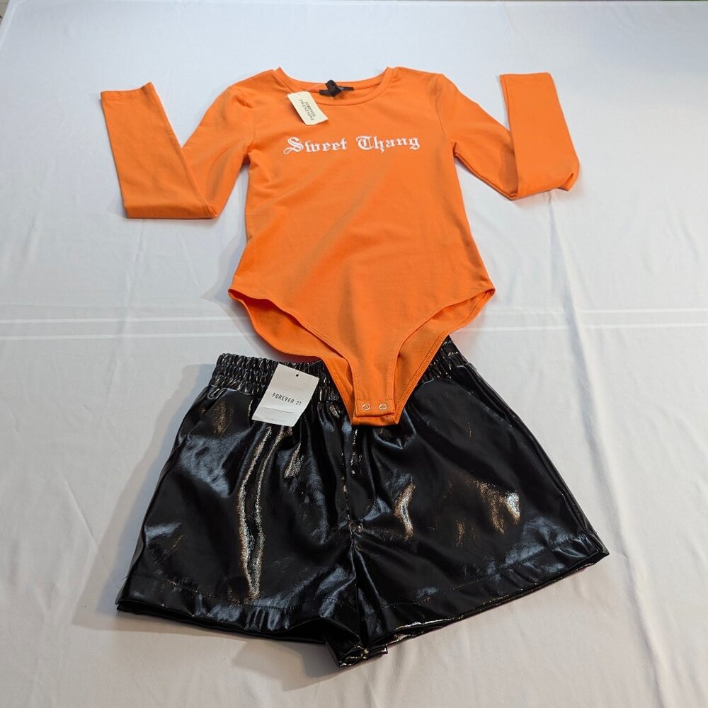 NWT Bodysuit and Pleather Shorts from Forever 21 Size Small Orange and XS Black
